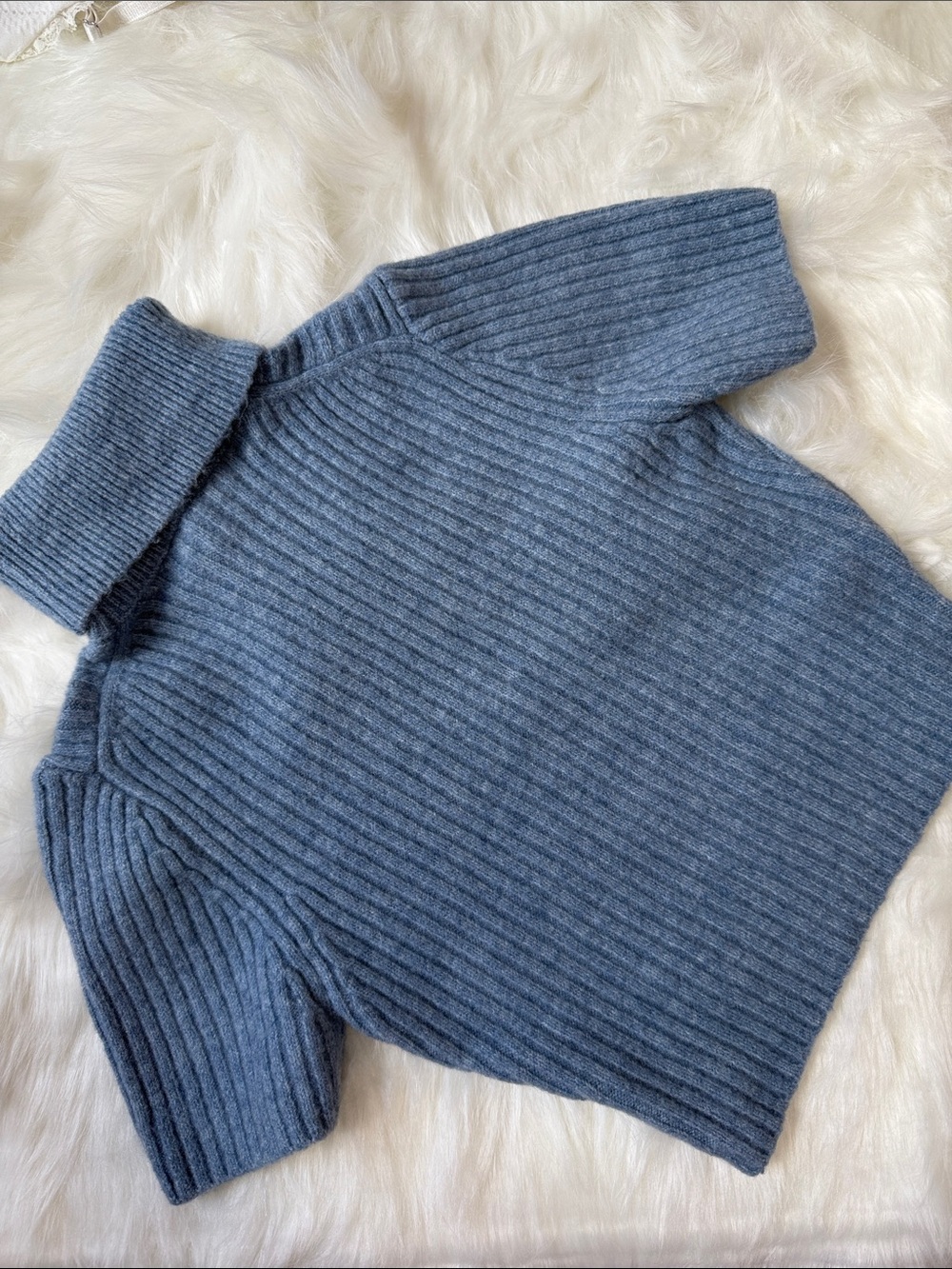 Zara Steel Blue Ribbed Short-Sleeve Turtleneck Sweater
